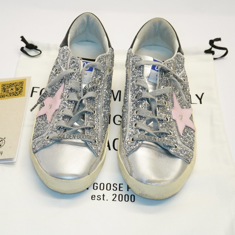 Golden Goose Superstar Glitter Low-Top Leather Sneaker, New W COA, Bag